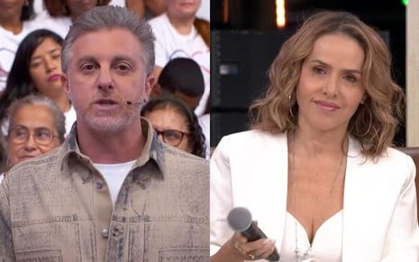 Na montagem: Luciano Huck (à esquerda) e Leona Cavalli (à direita) no Domingão, na Globo